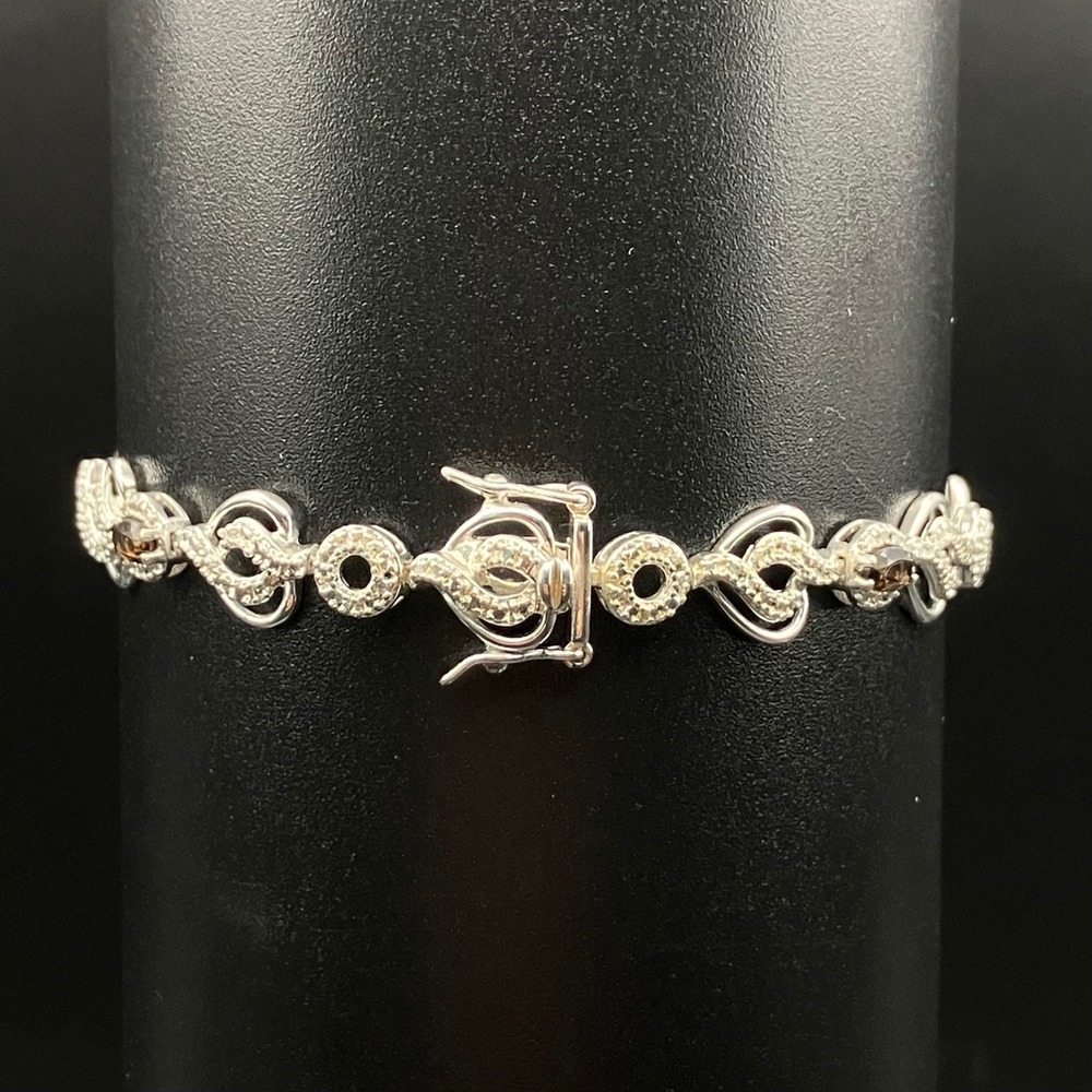 Sterling Silver Smoky Quartz Bracelet Heart Motif Rhodium Plated Signed Size 7.5 - Picture 3 of 13